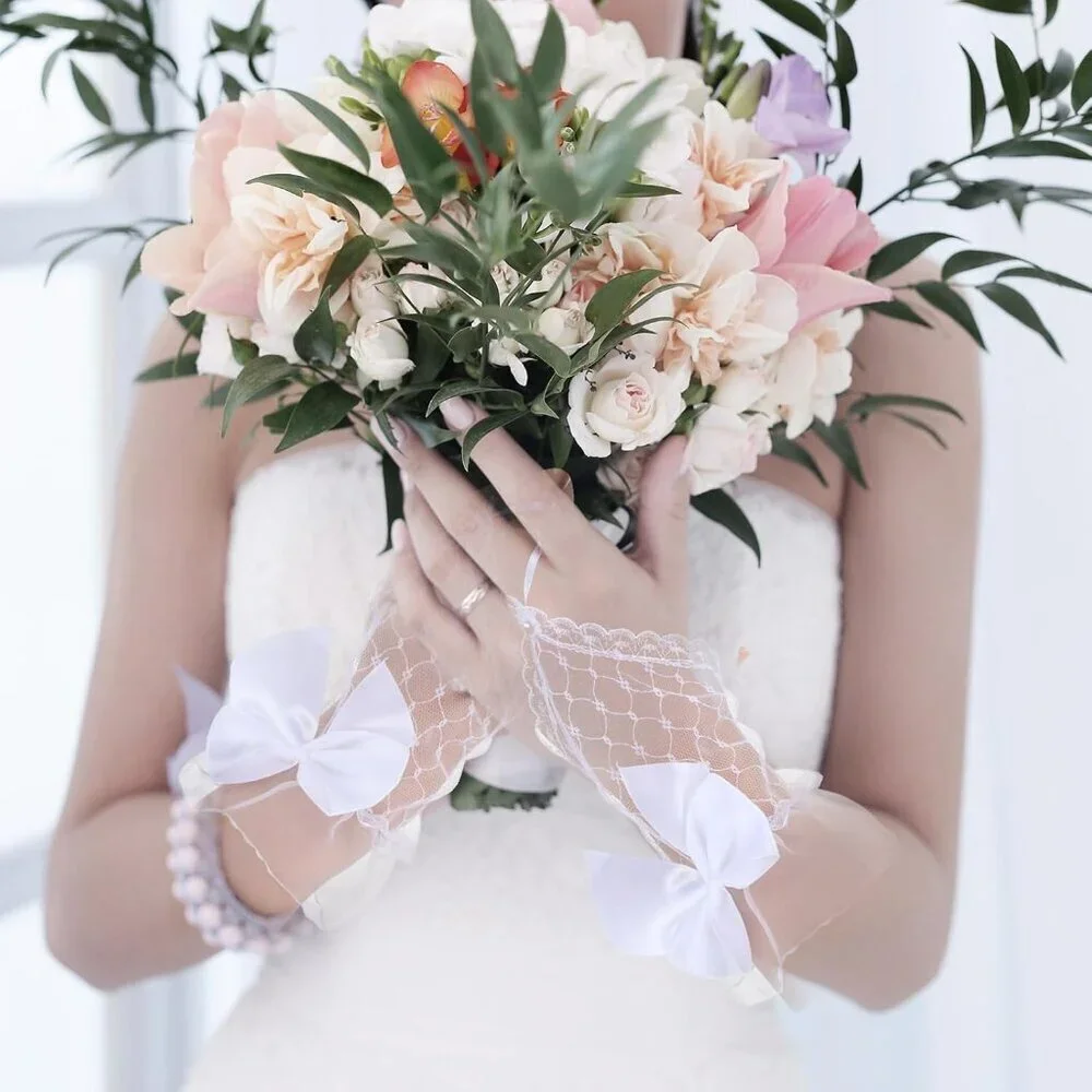 Women Short Bow White Lace Gloves Fingerless Bride Wedding Cosplay Party Prom